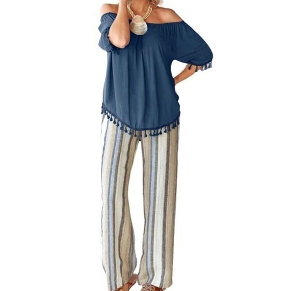 D Jeans Definitions by Lagenlook Boho Striped Linen Blend Pant a stylish and ver - Picture 1 of 12